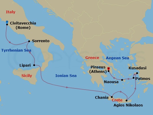 9 Night - Rome to Athens - World Traveller - Starting in Civitavecchia (Rome), Sorrento, Italy, Lipari (Aeolian Islands), Italy, Chania (Crete), Greece, Agios Nikolaos (Crete), Kusadasi (Ephesus), Patmos, Naousa (Paros), Piraeus (Athens) itinerary map
