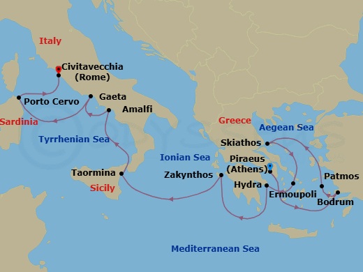 13 Night - Athens to Rome - World Traveller - Starting in Piraeus (Athens), Bodrum, Patmos, Skiathos, Ermoupolis (Syros), Hydra, Greece, Zakynthos, Taormina (Mount Etna), Italy, Amalfi (Ravello), Italy, Gaeta, Porto Cervo (Sardinia), Civitavecchia (Rome) itinerary map