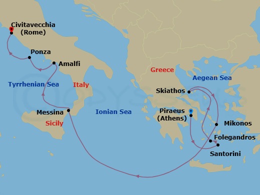 10 Night - Athens to Rome - World Traveller - Starting in Piraeus (Athens), Santorini, Folegandros, Skiathos, Mykonos, Messina (Sicily), Amalfi (Ravello), Italy, Isola di Ponza, Italy, Civitavecchia (Rome) itinerary map
