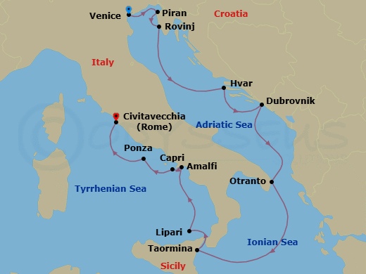 11 Night - Venice to Rome - World Traveller - Starting in Venice, Italy, Piran, Rovinj, Hvar Island, Dubrovnik (Old Town), Otranto (Puglia), Taormina (Mount Etna), Italy, Lipari (Aeolian Islands), Italy, Amalfi (Ravello), Italy, Capri, Ponza, Civitavecchia (Rome) itinerary map