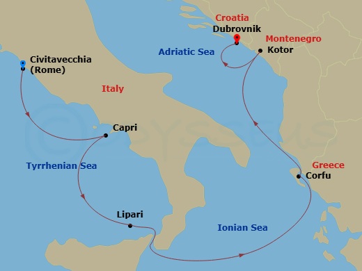 6 Night - Rome to Dubrovnik - World Traveller - Starting in Civitavecchia (Rome), Capri, Lipari (Aeolian Islands), Italy, Corfu, Kotor, Dubrovnik (Old Town) itinerary map