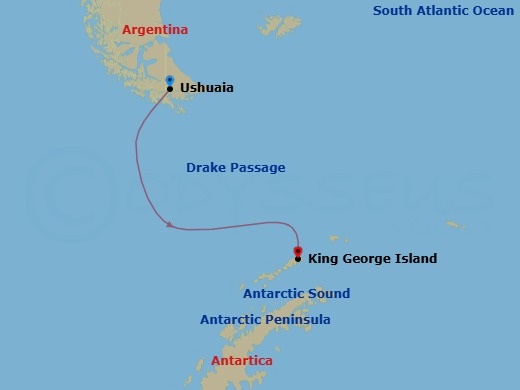 9 Night - Ushuaia to King George Island - World Traveller - Starting in Ushuaia, Drake Passage Navigation, Antarctic Peninsula / Captains Choice, Antarctic Sound / Captains Choice, King George Island itinerary map