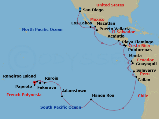 31 Night - Transoceanic - Crystal Serenity - Starting in San Diego, Cabo San Lucas (Baja California Sur), Mazatlan, Puerto Vallarta, Acajutla, Playa Flamingo, Puntarenas, Manta, Guayaquil, Salaverry, Lima (Callao), Hanga Roa, Adamstown (Sightseeing Only), Raroia, Fakarava, Rangiroa, Papeete (Tahiti) itinerary map