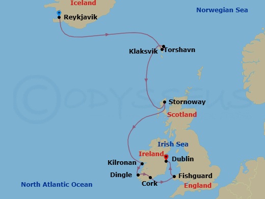 10 Night - Reykjavik to Dublin - World Voyager - Starting in Reykjavik, Torshavn, Faroe Islands, Klaksvik, Faroe Islands, Stornoway (Isles of Lewis), Kilronan (Aran Islands), Ireland, Dingle, Cork, Fishguard, Dublin itinerary map