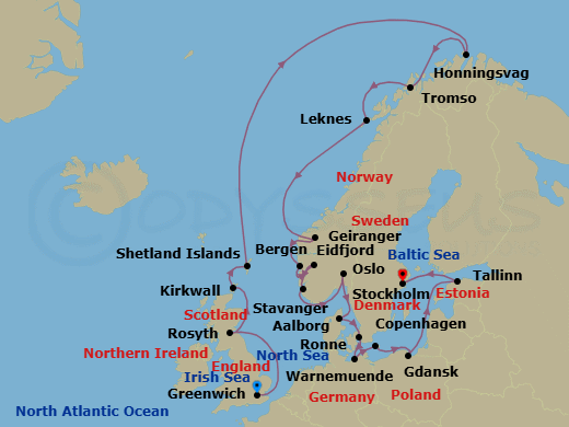 28 Night - Baltic Jewels & the Midnight Sun - Viking Libra - Starting in London (Greenwich), Sail the North Sea, Rosyth (Edinburgh), Orkney Islands (Kirkwall), Shetland Islands (Lerwick), Sail the Norwegian Sea, Honningsvag, Tromso, Lofoten (Leknes), Sail the Norwegian Sea, Geiranger, Norway, Bergen, Eidfjord, Stavanger, Oslo, Alborg, Copenhagen, Berlin (Warnemunde), Bornholm (Ronne), Gdansk, Sail the Baltic Sea, Tallinn, Stockholm itinerary map