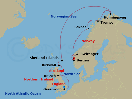 14 Night - Into the Midnight Sun - Viking Libra - Starting in London (Greenwich), Sail the North Sea, Rosyth (Edinburgh), Orkney Islands (Kirkwall), Shetland Islands (Lerwick), Sail the Norwegian Sea, Honningsvag, Tromso, Lofoten (Leknes), Sail the Norwegian Sea, Geiranger, Norway, Bergen itinerary map