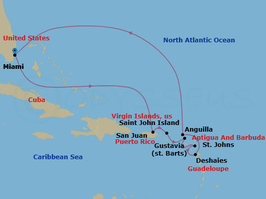 11 Night - Miami to Miami - Silver Ray - Starting in Miami, Fl, San Juan, St John VI, Gustavia, St Barthelemy, St Johns, Deshaies, Anguilla, Miami, Fl itinerary map