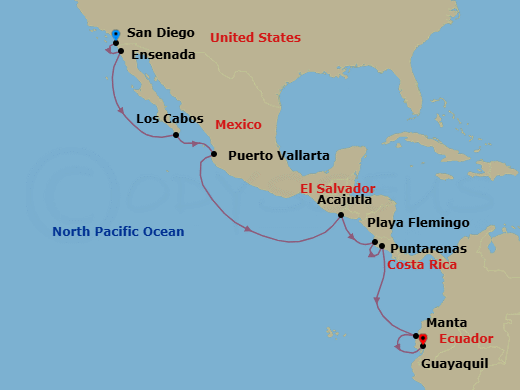 12 Night - The Americas & Caribbean - Crystal Symphony - Starting in San Diego, Ensenada, Cabo San Lucas (Baja California Sur), Puerto Vallarta, Acajutla, Playa Flamingo, Puntarenas, Manta, Guayaquil itinerary map