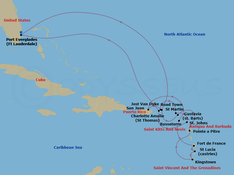 17 Night - The Americas & Caribbean - Crystal Symphony - Starting in Fort Lauderdale, Road Town, Gustavia, St Barthelemy, Pointe-a-Pitre, French West Indies, Kingstown, Castries, St Lucia, Fort-de-France, St Kitts (Basseterre), San Juan, Jost Van Dyke, British Virgin Islands, Marigot, St Martin, St Johns, St Thomas, Fort Lauderdale itinerary map