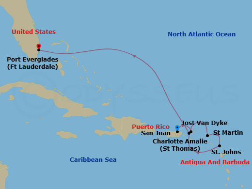 7 Night - The Americas & Caribbean - Crystal Symphony - Starting in San Juan, Jost Van Dyke, British Virgin Islands, Marigot, St Martin, St Johns, St Thomas, Fort Lauderdale itinerary map