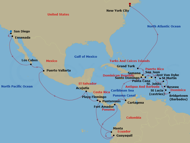 32 Night - The Americas & Caribbean - Crystal Symphony - Starting in San Diego, Ensenada, Cabo San Lucas (Baja California Sur), Puerto Vallarta, Acajutla, Playa Flamingo, Puntarenas, Manta, Guayaquil, Fuerte Amador (Panama City), Panama Canal Transit, Cartagena CO, Santo Domingo, Punta Cana, San Juan, Marigot, St Martin, Roseau, Bridgetown, Castries, St Lucia, St Johns, Jost Van Dyke, British Virgin Islands, Samana, Grand Turk, New York itinerary map