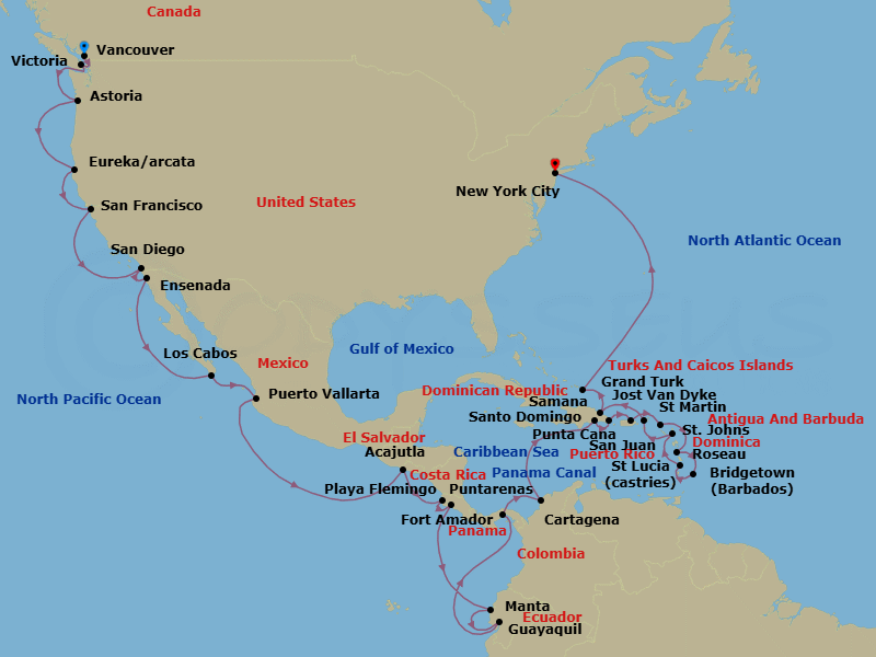 39 Night - The Americas & Caribbean - Crystal Symphony - Starting in Vancouver, Victoria CA, Canada, Astoria, Eureka, California, San Francisco, San Diego, Ensenada, Cabo San Lucas (Baja California Sur), Puerto Vallarta, Acajutla, Playa Flamingo, Puntarenas, Manta, Guayaquil, Fuerte Amador (Panama City), Panama Canal Transit, Cartagena CO, Santo Domingo, Punta Cana, San Juan, Marigot, St Martin, Roseau, Bridgetown, Castries, St Lucia, St Johns, Jost Van Dyke, British Virgin Islands, Samana, Grand Turk, New York itinerary map