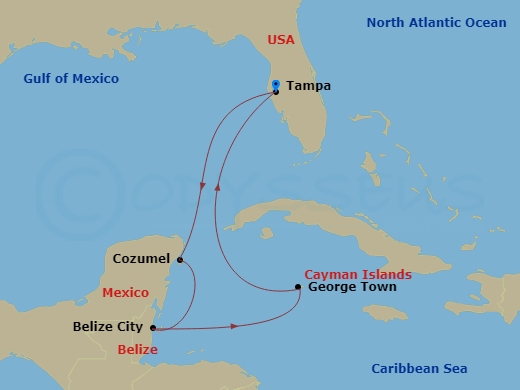 7 Night - Western Caribbean Cruise - Celebrity Summit - Starting in Tampa, Florida, Cozumel, Mexico, Belize City, Belize, George Town, Grand Cayman, Tampa, Florida itinerary map