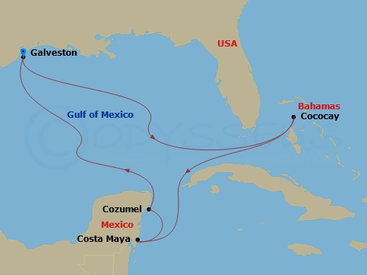 8 Night - Western Caribbean & Perfect Day - Symphony of the Seas - Starting in Galveston, Texas, Perfect Day Cococay, Bahamas, Puerto Costa Maya, Mexico, Cozumel, Mexico, Galveston, Texas itinerary map