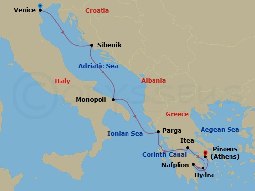 8 Night - Venice to Athens - World Traveller - Starting in Venice, Italy, Sibenik, Monopoli, Parga, Itea (Delphi), Corinth Canal Transit, Hydra, Greece, Nafplion (Mycenae / Epidaurus), Piraeus (Athens) itinerary map