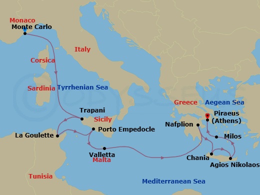 11 Night - Monte Carlo to Athens - World Traveller - Starting in Monte Carlo, Trapani (Sicily), La Goulette, Porto Empedocle (Sicily), Valletta, Nafplion (Mycenae / Epidaurus), Chania (Crete), Greece, Agios Nikolaos (Crete), Milos, Piraeus (Athens) itinerary map