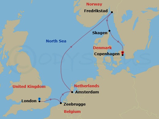 8 Night - London to Copenhagen - World Voyager - Starting in London (Tower Bridge), Zeebrugge (Bruges), Amsterdam, Fredrikstad (Oslo), Skagen, Copenhagen itinerary map