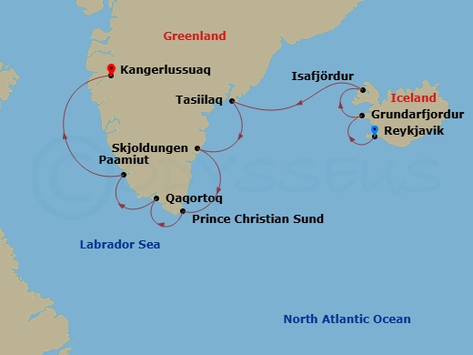 10 Night - Reykjavik to Kangerlussuaq - World Navigator - Starting in Reykjavik, Grundarfjordur, Isafjordur, Tasiilaq, Skjoldungen Island, Prince Christian Sound / Captains Choice, Qaqortoq, Paamiut, Kangerlussuaq itinerary map