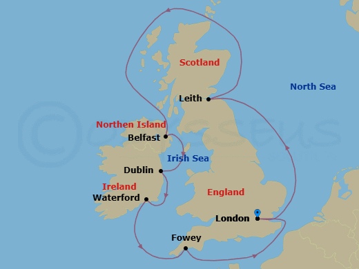 10 Night - London to London - World Navigator - Starting in London (Tower Bridge), Leith (Edinburgh), Belfast, Northern Ireland, Dublin, Waterford, Fowey (Cornwall), England, London (Tower Bridge) itinerary map
