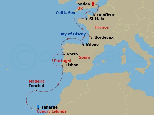 14 Night - Tenerife to London - World Navigator - Starting in Santa Cruz de Tenerife, Funchal (Madeira), Lisbon, Porto, Bilbao, Bordeaux, St Malo, Honfleur (Normandy), London (Tower Bridge) itinerary map