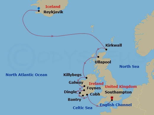 12 Night - Irish Eclipse Embrace - Oceania Insignia - Starting in Reykjavik, Kirkwall (Orkney Islands), Ullapool, Killybegs, Galway, Foynes, Dingle, Bantry, Cork (Cobh), London (Southampton) itinerary map