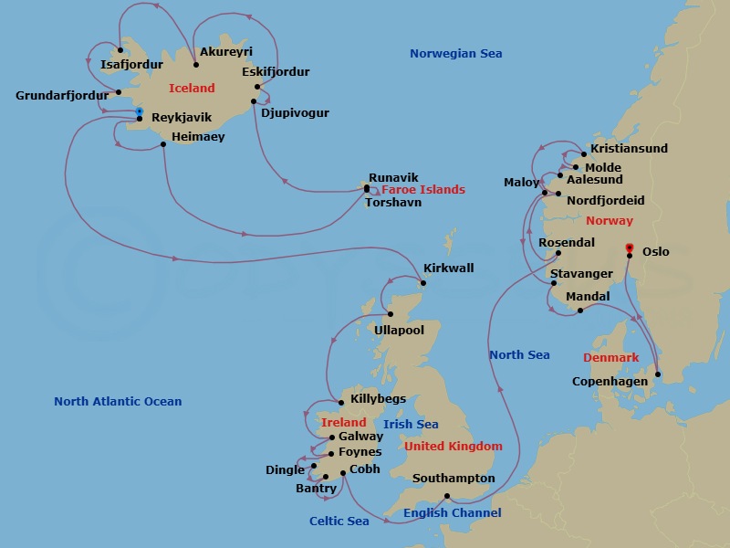36 Night - Iceland & Nordic Splendors - Oceania Insignia - Starting in Reykjavik, Heimaey, Torshavn, Faroe Islands, Runavik, Faroe Islands, Djupivogur, Eskifjordur, Akureyri, Isafjordur, Grundarfjordur, Reykjavik, Kirkwall (Orkney Islands), Ullapool, Killybegs, Galway, Foynes, Dingle, Bantry, Cork (Cobh), London (Southampton), Rosendal, Nordfjordeid, Alesund, Molde, Kristiansund, Maloy, Stavanger, Mandal, Copenhagen, Oslo itinerary map