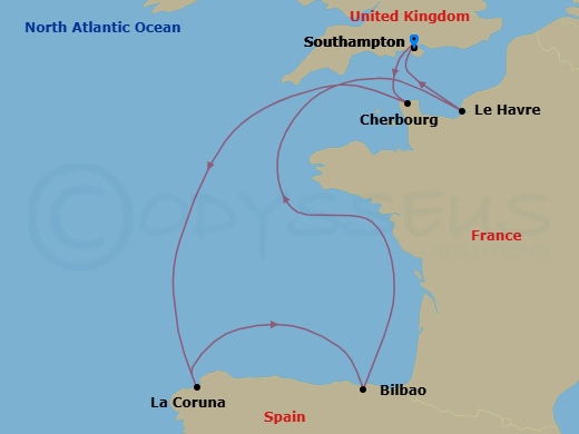 7 Night - Spain & France Cruise - Liberty of the Seas - Starting in Southampton, England, Cherbourg, France, La Coruna, Spain, Bilbao, Paris (Le Havre), France, Southampton, England itinerary map