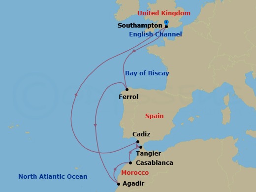 11 Night - Spain and Morocco - Queen Anne - Starting in Southampton, England, UK, Ferrol, Spain, Agadir, Morocco, Casablanca, Morocco, Tangier, Morocco, Cadiz (tours to Seville), Spain, Southampton, England, UK itinerary map