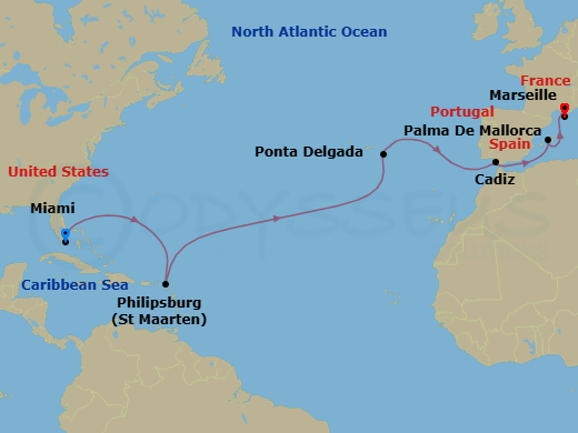 15 Night - Msc Grand Voyages - MSC Seashore - Starting in Miami, Florida, Philipsburg, St Maarten, Ponta Delgada (Azores), Portugal, Cadiz (Seville), Spain, Palma De Mallorca (Balearic Islands), Spain, Marseille (Provence), France itinerary map