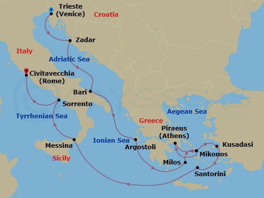 14 Night - Sunlight & Stone - Seven Seas Prestige - Starting in Venice (Trieste), Zadar, Bari, Argostoli (Cephalonia), Cruising the Ionian Sea, Milos, Mykonos, Athens (Piraeus), Mykonos, Kusadasi, Santorini, Cruising the Ionian Sea, Messina (Sicily), Sorrento / Capri, Rome (Civitavecchia) itinerary map
