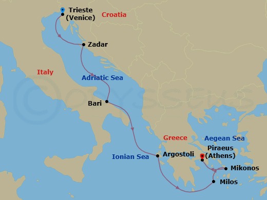 7 Night - Hidden Shores of Mykonos - Seven Seas Prestige - Starting in Venice (Trieste), Zadar, Bari, Argostoli (Cephalonia), Cruising the Ionian Sea, Milos, Mykonos, Athens (Piraeus) itinerary map