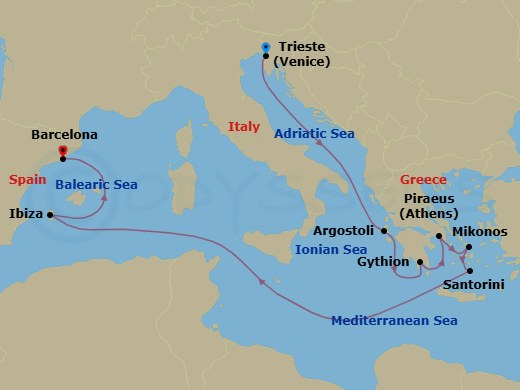 10 Night - Antiquities & Ancients - Seven Seas Prestige - Starting in Venice (Trieste), Cruising the Adriatic Sea, Argostoli (Cephalonia), Gythion, Athens (Piraeus), Mykonos, Santorini, Cruising the Mediterranean Sea, Ibiza, Barcelona itinerary map