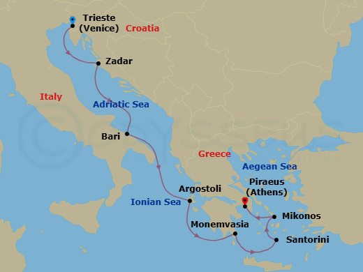 7 Night - Return to the Classics - Seven Seas Prestige - Starting in Venice (Trieste), Zadar, Bari, Argostoli (Cephalonia), Monemvasia, Santorini, Mykonos, Athens (Piraeus) itinerary map