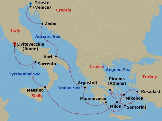 14 Night - Sea of Legacy - Seven Seas Prestige - Starting in Venice (Trieste), Zadar, Bari, Argostoli (Cephalonia), Monemvasia, Santorini, Mykonos, Athens (Piraeus), Mykonos, Kusadasi, Milos, Cruising the Ionian Sea, Messina (Sicily), Sorrento / Capri, Rome (Civitavecchia) itinerary map