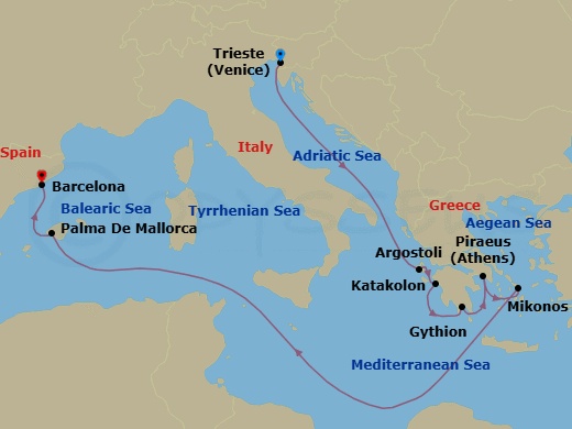10 Night - Heavenly Mediterranean Islands - Seven Seas Prestige - Starting in Venice (Trieste), Cruising the Adriatic Sea, Argostoli (Cephalonia), Katakolon, Gythion, Athens (Piraeus), Mykonos, Cruising the Mediterranean Sea, Palma De Mallorca, Barcelona itinerary map