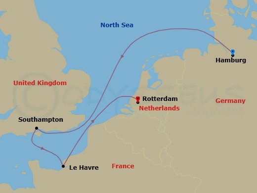 4 Night - Northern Europe - MSC Preziosa - Starting in Hamburg, Germany, Southampton (London), United Kingdom, Le Havre (Paris), France, Rotterdam (Amsterdam), Netherlands itinerary map