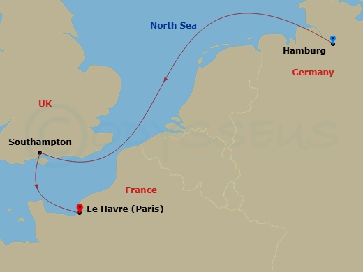 3 Night - Northern Europe - MSC Preziosa - Starting in Hamburg, Germany, Southampton (London), United Kingdom, Le Havre (Paris), France itinerary map