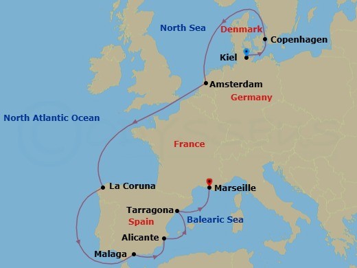 11 Night - Northern Europe - MSC Euribia - Starting in Kiel, Germany, Copenhagen, Denmark, Amsterdam, Netherlands, La Coruna (Santiago De Compostela), Spain, Malaga (Granada), Spain, Alicante, Spain, Tarragona, Spain, Marseille (Provence), France itinerary map