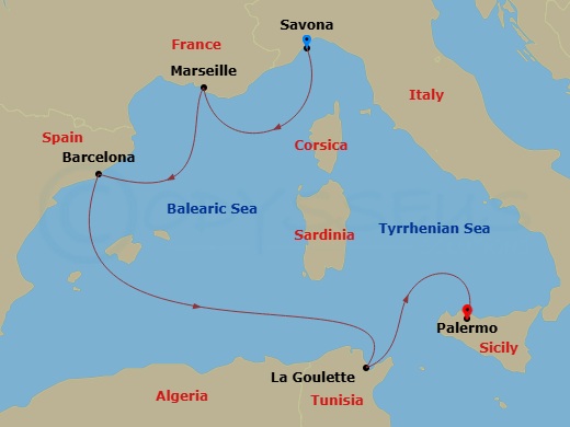 5 Night - Western Mediterranean from Savona to Palermo - Costa Smeralda - Starting in Savona, Marseille, Barcelona, La Goulette, Palermo itinerary map