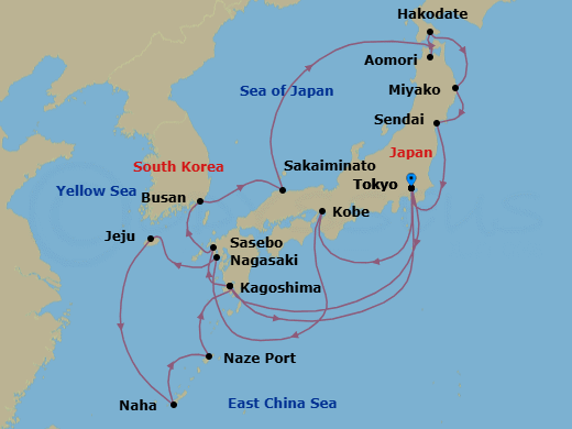 24 Night - Japan Roundtrip from Tokyo - Silver Muse - Starting in Tokyo, Kobe, Nagasaki, Jeju, Naha / Okinawa, Naze, Kagoshima, Tokyo, Kagoshima, Sasebo, Busan, Sakaiminato, Aomori, Hakodate, Miyako, Sendai, Tokyo itinerary map