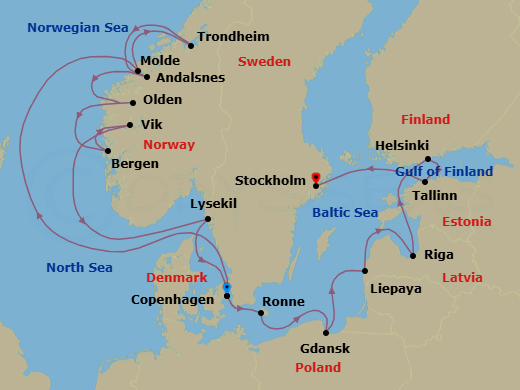 17 Night - Northern Europe from Copenhagen to Stockholm - Silver Dawn - Starting in Copenhagen, Molde, Trondheim, Andalsnes, Olden, Bergen, Vik, Lysekil, Copenhagen, Ronne, Gdansk, Liepaja, Riga, Helsinki, Tallinn, Stockholm itinerary map
