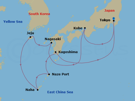 12 Night - Tokyo to Tokyo - Silver Muse - Starting in Tokyo, Kobe, Nagasaki, Jeju, Naha / Okinawa, Naze, Amami Oshima, Kagoshima (Kyushu Island), Tokyo itinerary map