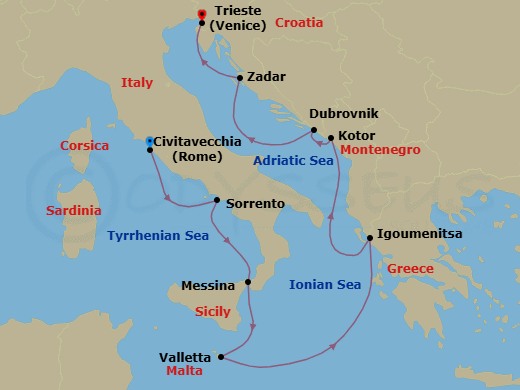 9 Night - Circle Italy - Seven Seas Prestige - Starting in Rome (Civitavecchia), Sorrento / Capri, Messina (Sicily), Valletta, Cruising the Ionian Sea, Igoumenitsa, Kotor, Dubrovnik, Croatia, Zadar, Venice (Trieste) itinerary map