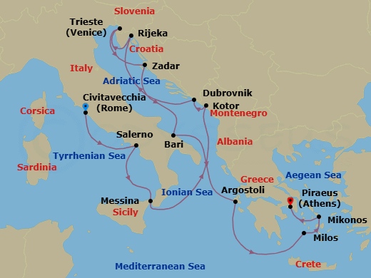 14 Night - Idyllic Days - Seven Seas Prestige - Starting in Rome (Civitavecchia), Salerno, Messina (Sicily), Cruising the Ionian Sea, Kotor, Dubrovnik, Croatia, Rijeka, Venice (Trieste), Zadar, Bari, Argostoli (Cephalonia), Cruising the Ionian Sea, Milos, Mykonos, Athens (Piraeus) itinerary map