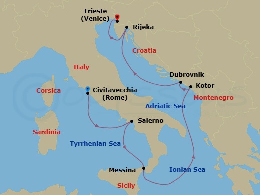 7 Night - Heaven On the Med - Seven Seas Prestige - Starting in Rome (Civitavecchia), Salerno, Messina (Sicily), Cruising the Ionian Sea, Kotor, Dubrovnik, Croatia, Rijeka, Venice (Trieste) itinerary map