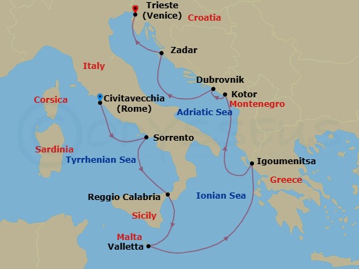 9 Night - Journey Back in Time - Seven Seas Prestige - Starting in Rome (Civitavecchia), Sorrento / Capri, Reggio Calabria, Valletta, Cruising the Ionian Sea, Igoumenitsa, Kotor, Dubrovnik, Croatia, Zadar, Venice (Trieste) itinerary map