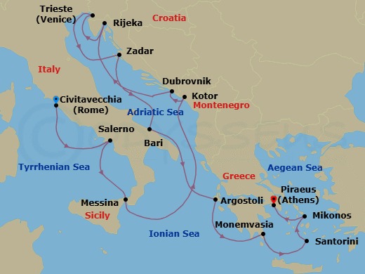14 Night - Harbors of Heritage - Seven Seas Prestige - Starting in Rome (Civitavecchia), Salerno, Messina (Sicily), Cruising the Ionian Sea, Kotor, Dubrovnik, Croatia, Rijeka, Venice (Trieste), Zadar, Bari, Argostoli (Cephalonia), Monemvasia, Santorini, Mykonos, Athens (Piraeus) itinerary map