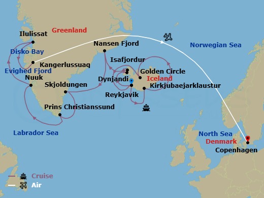 21 Night - Iceland & Greenland in Depth - Cruise & Land Journey - Scenic Eclipse - Starting in Reykjavik, Reykjavik / Kirkjubajarklaustur, Kirkjubajarklaustur, Kirkjubajarklaustur / Golden Circle, Golden Circle, Golden Circle / Reykjavik / Sky Lagoon, Reykjavik, Dynjandivogur Waterfall, Isafjordur, Fridtjof Nansen Halvo Glacier, Skjoldungen Fjord, Cruising Prince Christian Sound Herjolfsnes, Nuuk, Evighed Fjord, Disko Bay, Ilulissat, Kangerlussuaq / Copenhagen, Copenhagen itinerary map