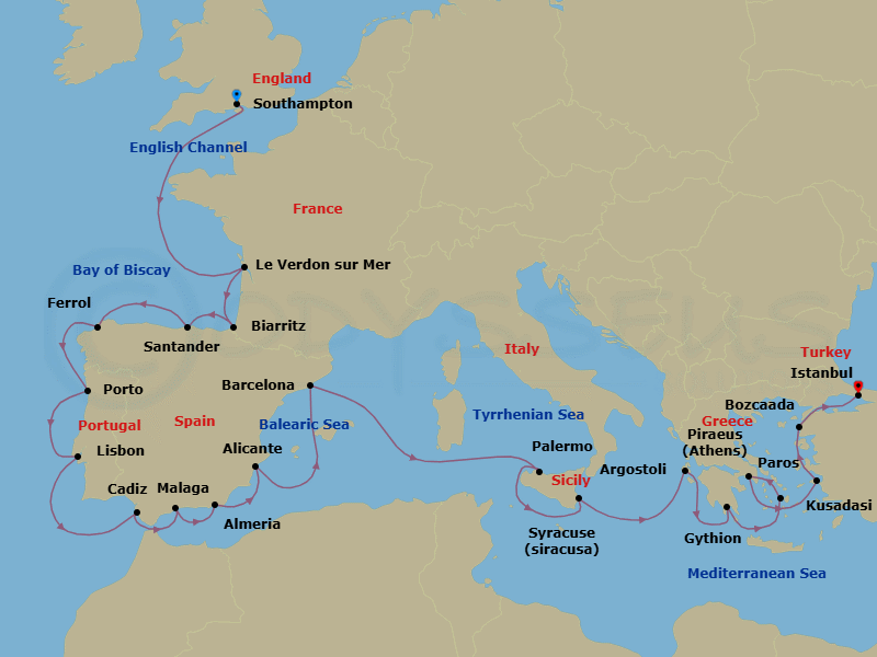22 Night - European Explorer - Oceania Sirena - Starting in London (Southampton), Bordeaux (Le Verdon), Biarritz (Saint-Jean-De-Luz), Santander, Ferrol, Oporto, Lisbon, Seville (Cadiz), Malaga, Almeria, Alicante, Barcelona, Palermo (Sicily), Syracuse IT (Sicily), Argostoli (Cephalonia), Gythion, Paros, Athens (Piraeus), Ephesus (Kusadasi), Bozcaada (Troy), Istanbul itinerary map