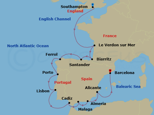 12 Night - Eclipse Over Lisbon - Oceania Sirena - Starting in London (Southampton), Bordeaux (Le Verdon), Biarritz (Saint-Jean-De-Luz), Santander, Ferrol, Oporto, Lisbon, Seville (Cadiz), Malaga, Almeria, Alicante, Barcelona itinerary map